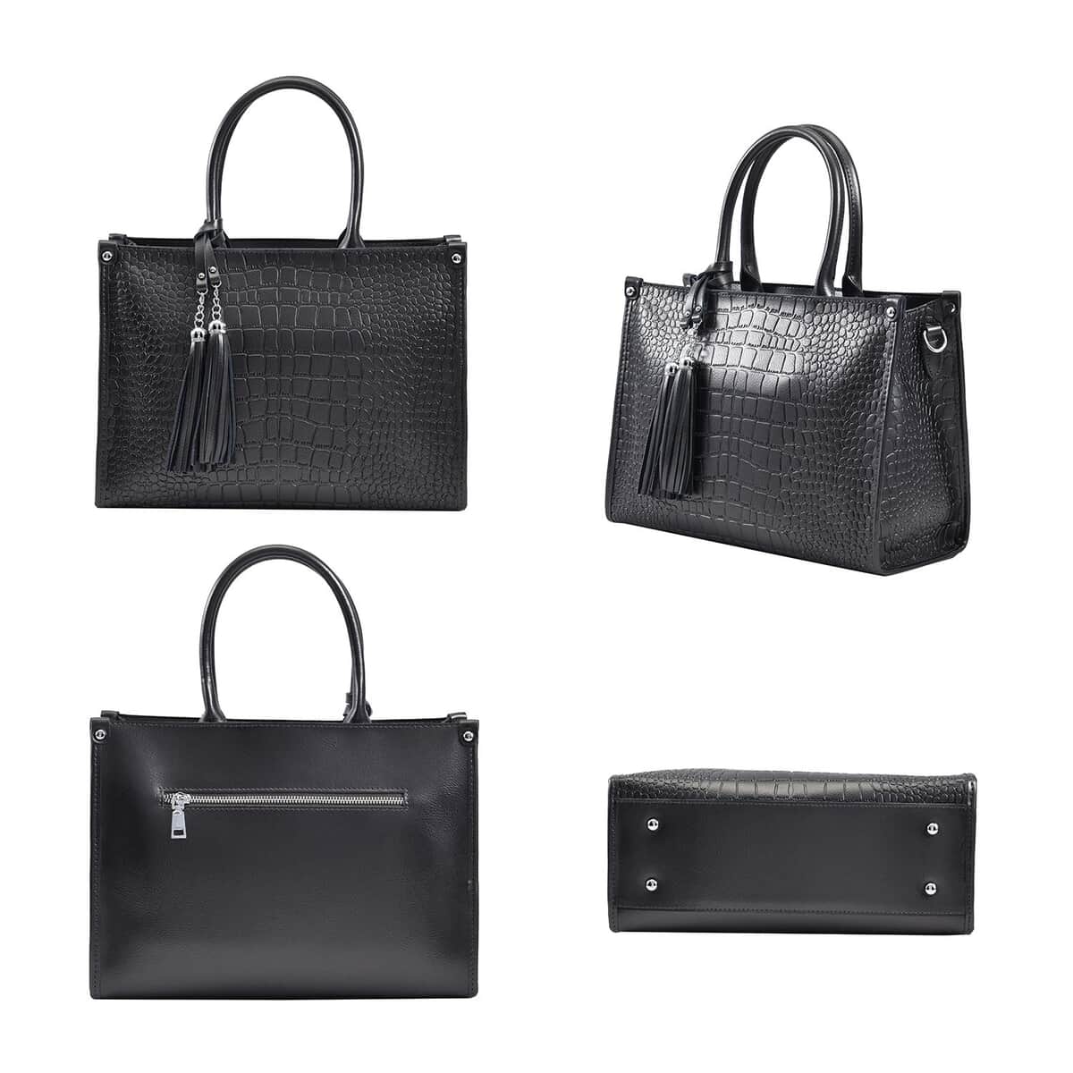 Metallic Black Crocodile Pattern Genuine Leather Convertible Tote Bag image number 3