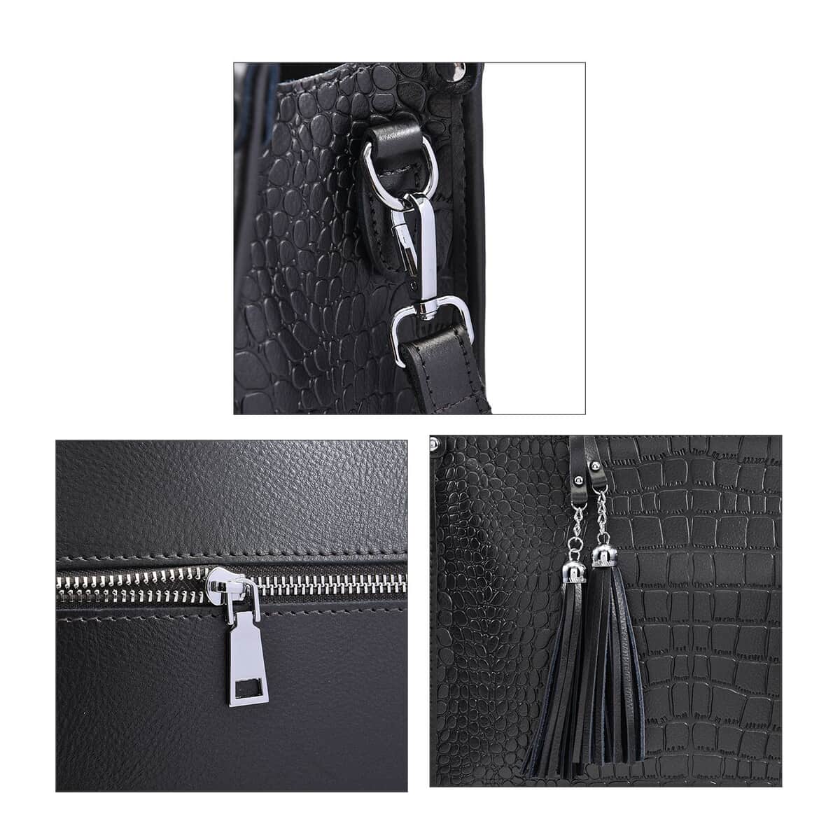 Metallic Black Crocodile Pattern Genuine Leather Convertible Tote Bag image number 4
