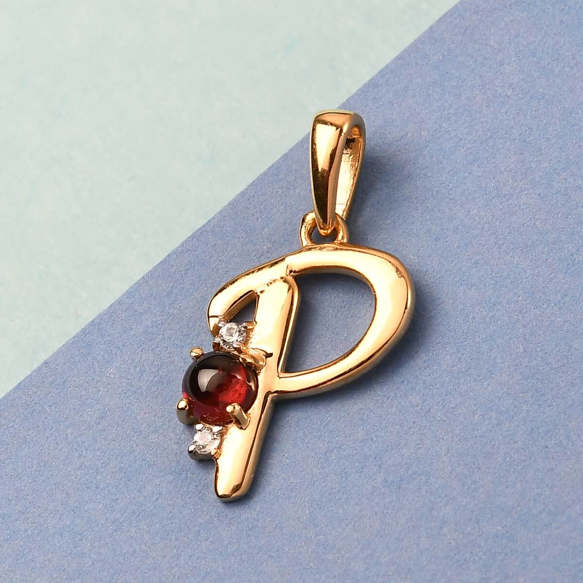 Mozambique Garnet and Natural White Zircon Initial P Pendant in Vermeil Yellow Gold Sterling Silver 0.50 ctw image number 1