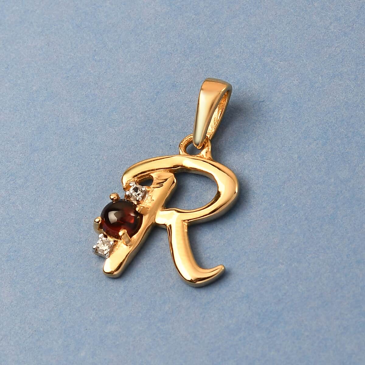 Mozambique Garnet and Natural White Zircon Initial R Pendant in Vermeil Yellow Gold Over Sterling Silver 0.50 ctw image number 1