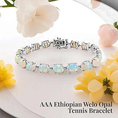 AAA Ethiopian Welo Opal 21.15 ctw Tennis Bracelet in Platinum Plated Sterling Silver (8.00 In)