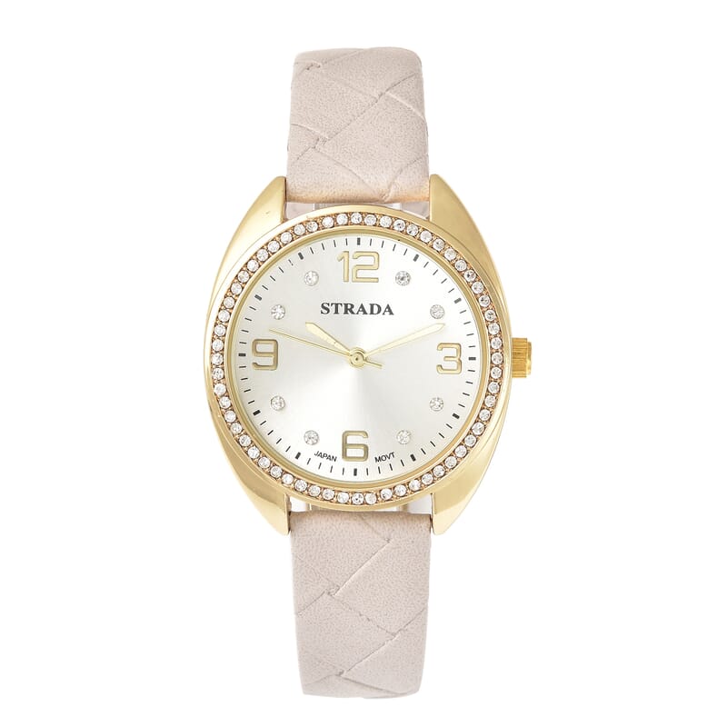 Strada Austrian Crystal Japanese Movement Watch with Gray Vegan Leather Strap