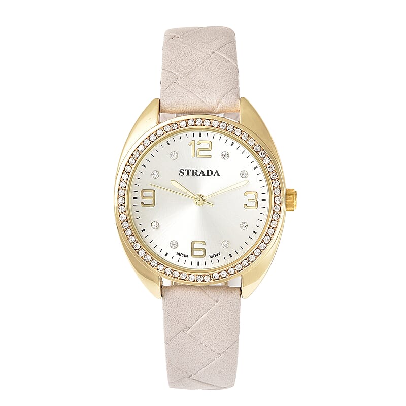 Strada Austrian Crystal Japanese Movement Watch with Gray Vegan Leather Strap