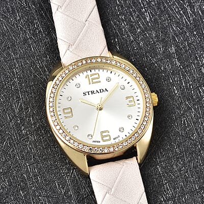 Strada Austrian Crystal Japanese Movement Watch with Gray Vegan Leather Strap