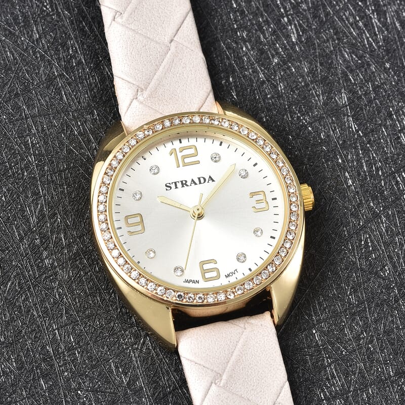Strada Austrian Crystal Japanese Movement Watch with Gray Vegan Leather Strap