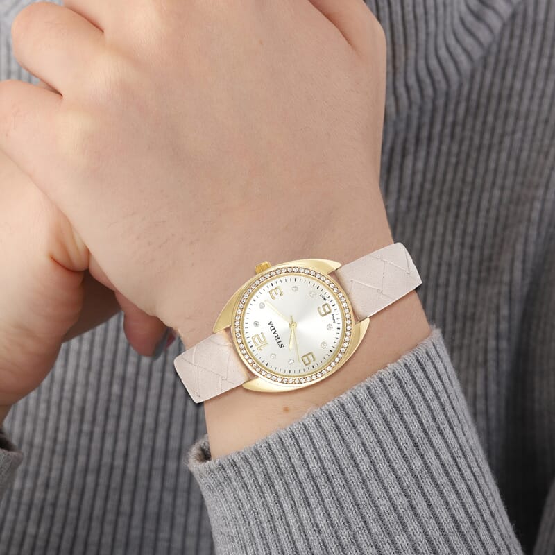 Strada Austrian Crystal Japanese Movement Watch with Gray Vegan Leather Strap