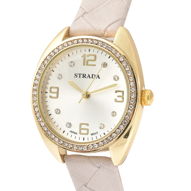 Strada Austrian Crystal Japanese Movement Watch with Gray Vegan Leather Strap
