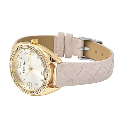 Strada Austrian Crystal Japanese Movement Watch with Gray Vegan Leather Strap