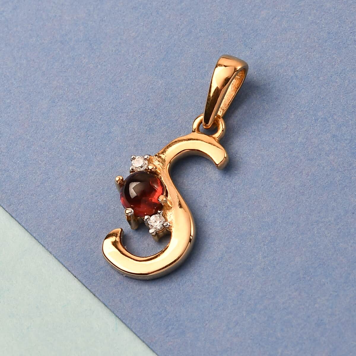 Mozambique Garnet and Natural White Zircon Initial S Pendant in Vermeil Yellow Gold Over Sterling Silver 0.50 ctw image number 1