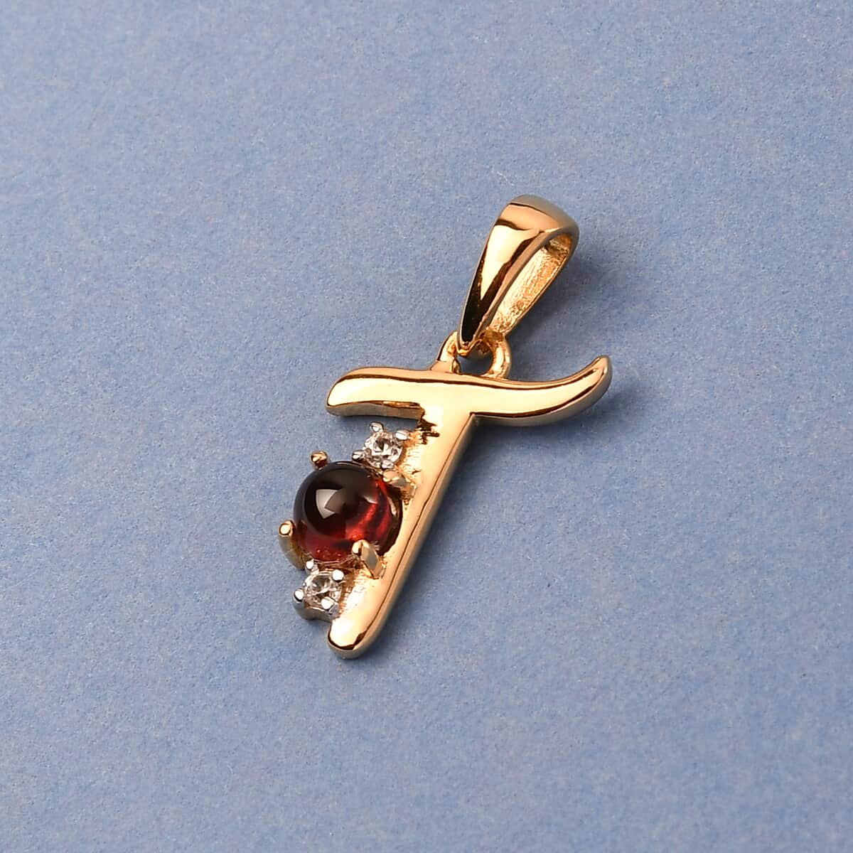 Mozambique Garnet and Natural White Zircon Initial T Pendant in Vermeil Yellow Gold Over Sterling Silver 0.50 ctw image number 1
