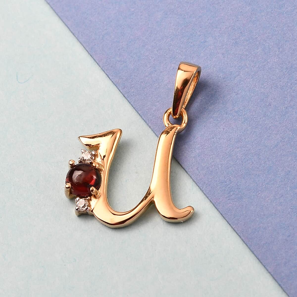 Mozambique Garnet and Natural White Zircon Initial U Pendant in Vermeil Yellow Gold Over Sterling Silver 0.50 ctw image number 1