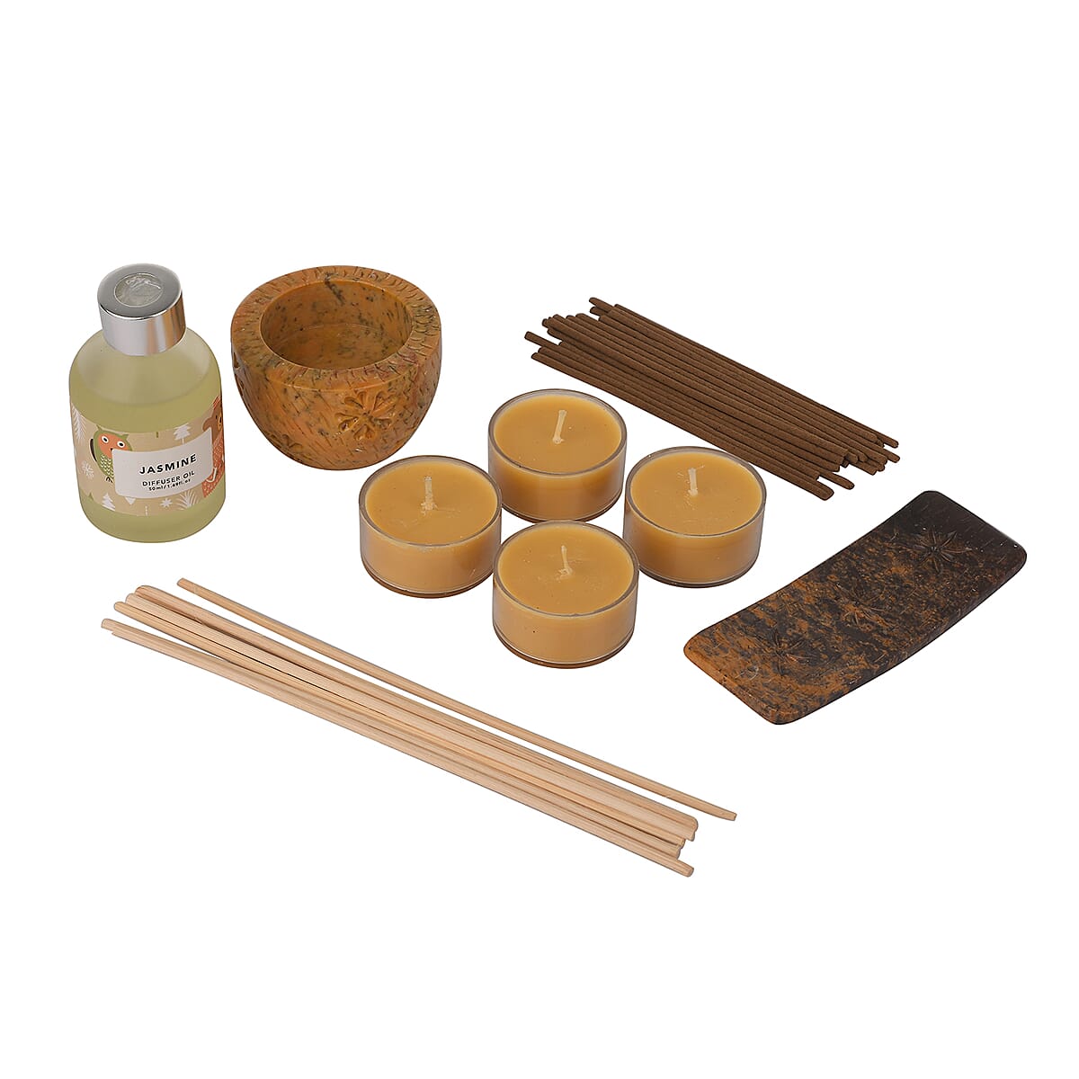 FRAGRANCE GIFT Set (Reed Diffuser, 4 Tea Lights & Incense Holder with 20 Sticks) Fragrance: Jasmine image number 0