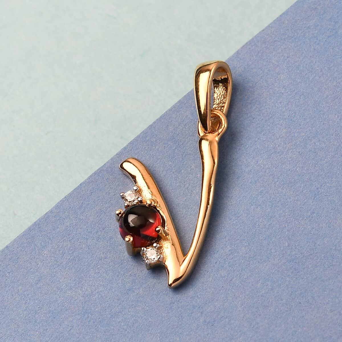 Mozambique Garnet and Natural White Zircon Initial V Pendant in Vermeil Yellow Gold Over Sterling Silver 0.50 ctw image number 1