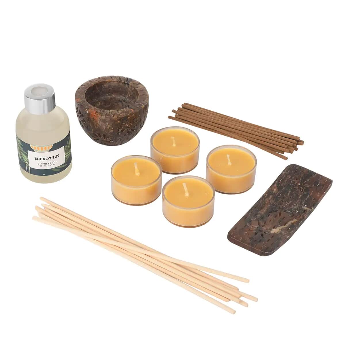 Fragrance Gift Set (Reed Diffuser, 4 Tea Lights & Incense Holder with 20 Sticks) Fragrance: Eucalyptus image number 0