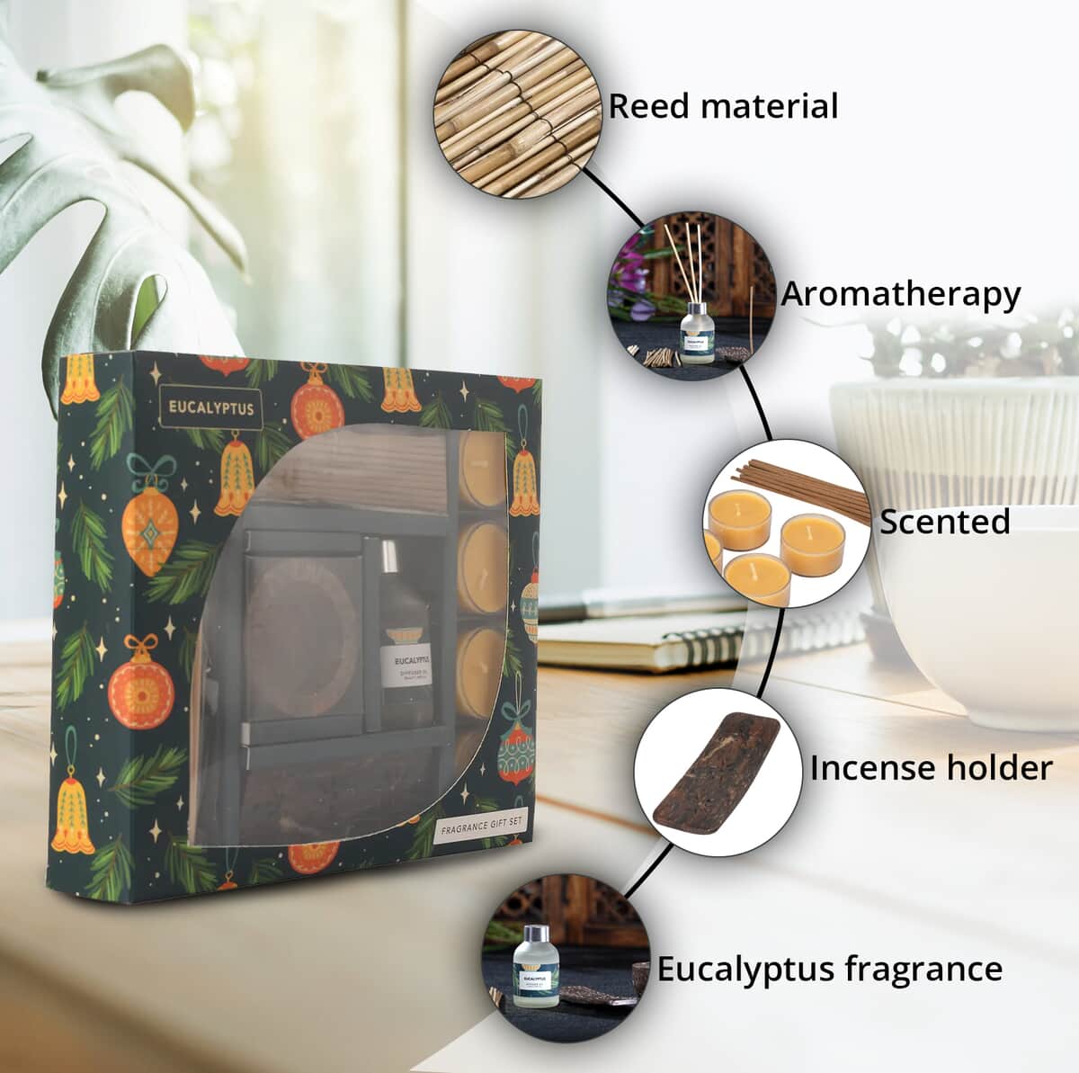 Fragrance Gift Set (Reed Diffuser, 4 Tea Lights & Incense Holder with 20 Sticks) Fragrance: Eucalyptus image number 2