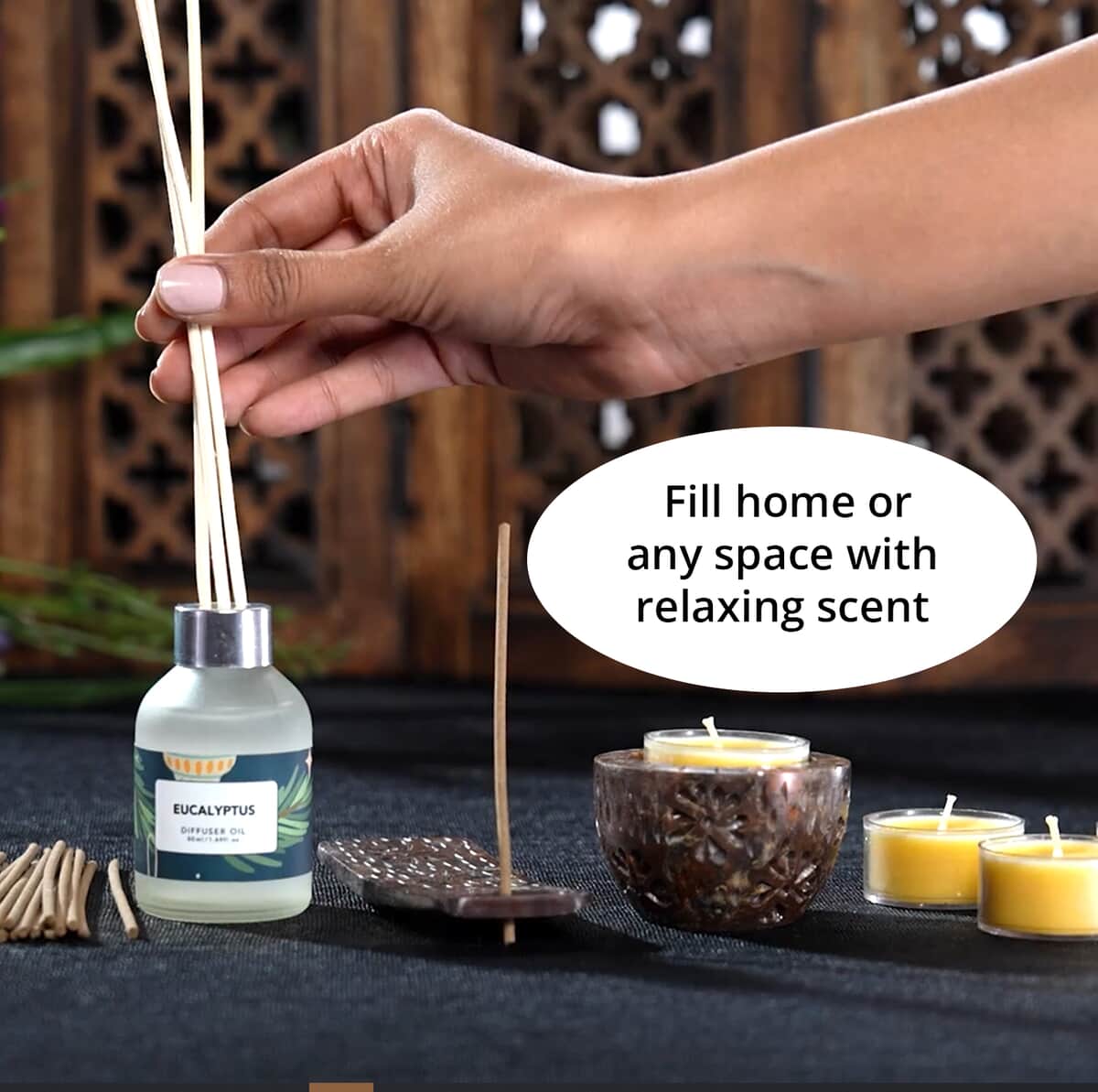 Fragrance Gift Set (Reed Diffuser, 4 Tea Lights & Incense Holder with 20 Sticks) Fragrance: Eucalyptus image number 3