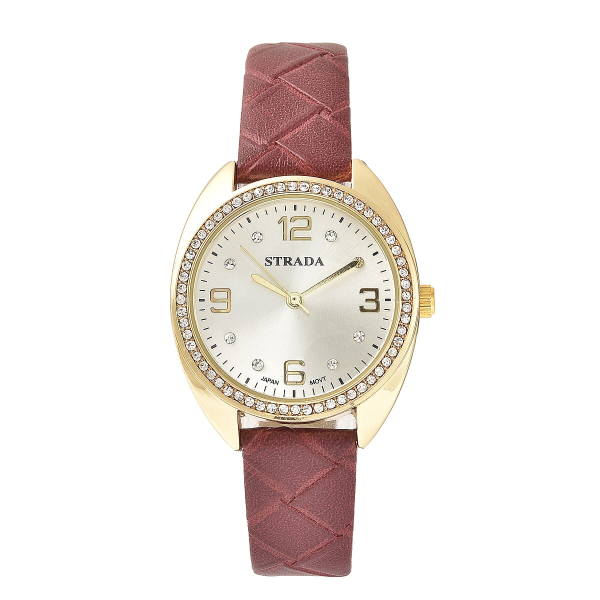 Strada Austrian Crystal Japanese Movement Watch with Dark Red Vegan Leather Strap image number 0