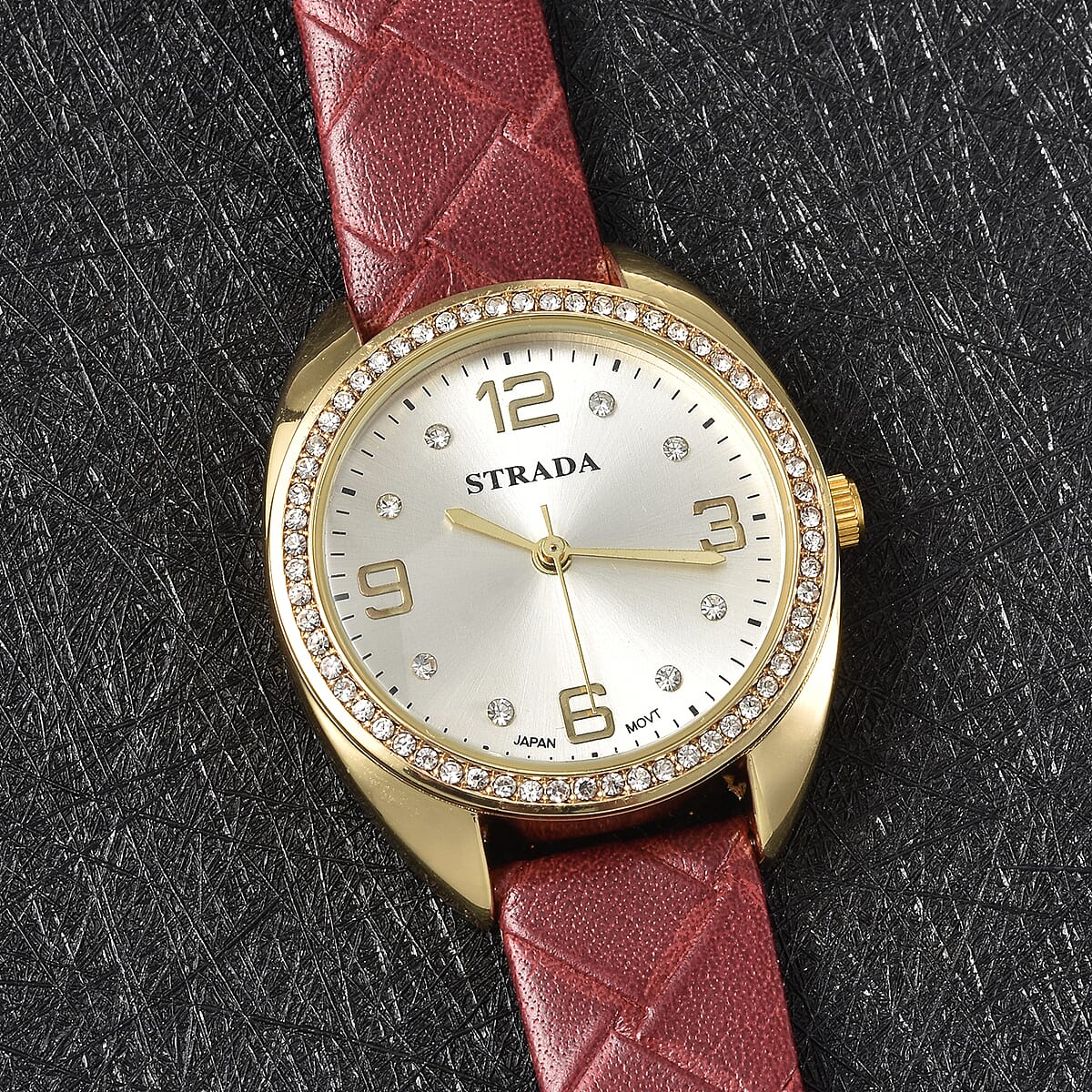Strada Austrian Crystal Japanese Movement Watch with Dark Red Vegan Leather Strap image number 1