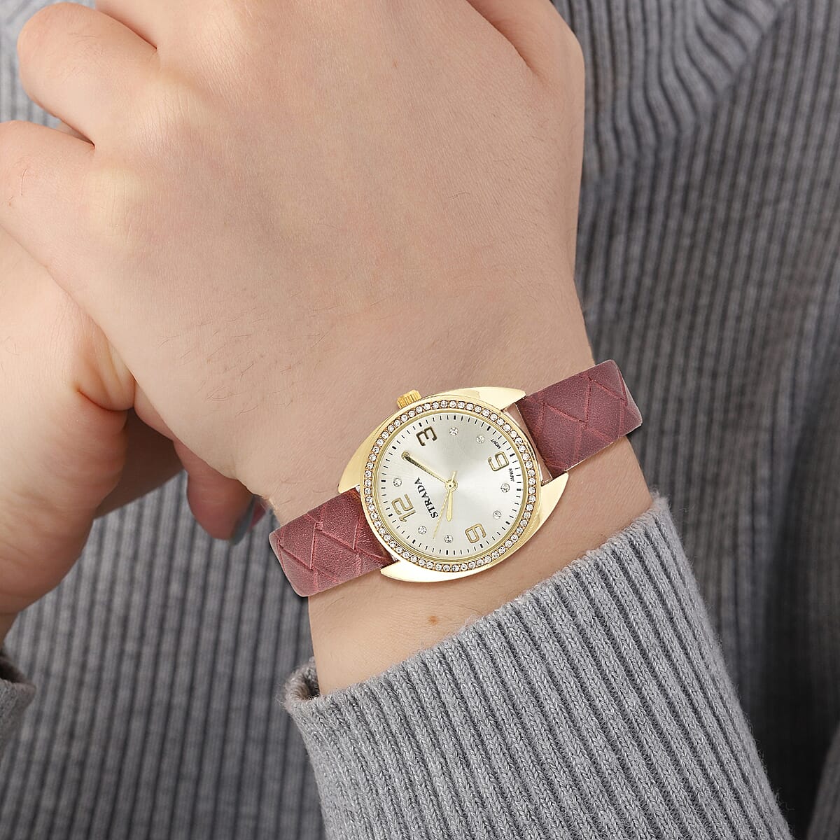 Strada Austrian Crystal Japanese Movement Watch with Dark Red Vegan Leather Strap image number 2