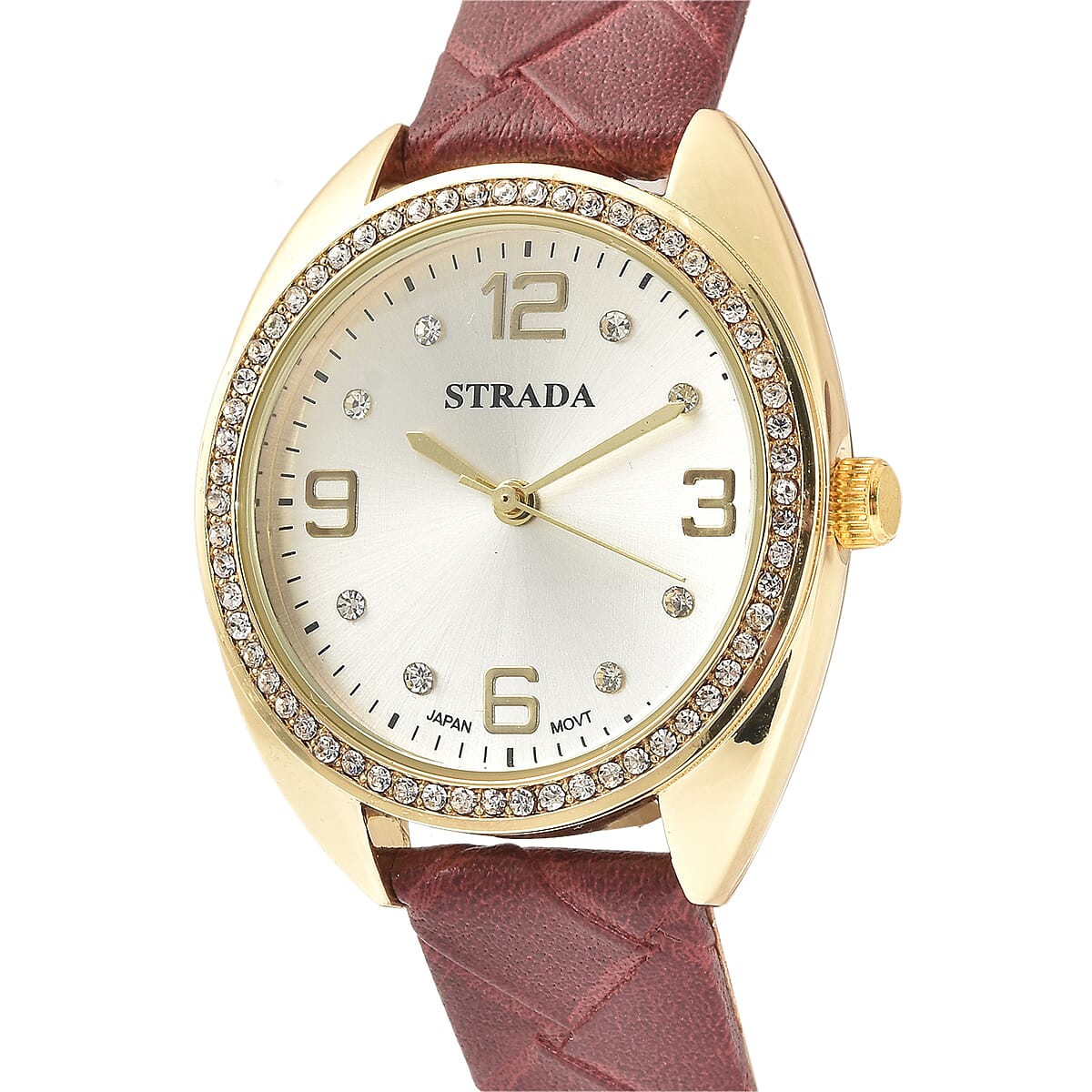 Strada Austrian Crystal Japanese Movement Watch with Dark Red Vegan Leather Strap image number 3