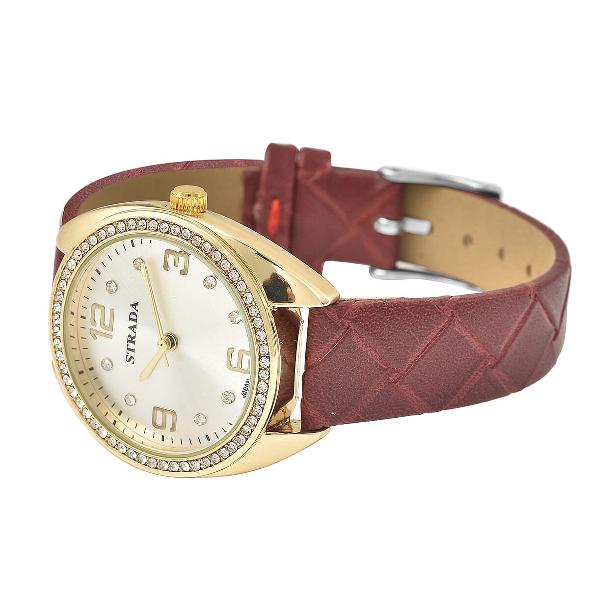 Strada Austrian Crystal Japanese Movement Watch with Dark Red Vegan Leather Strap image number 4