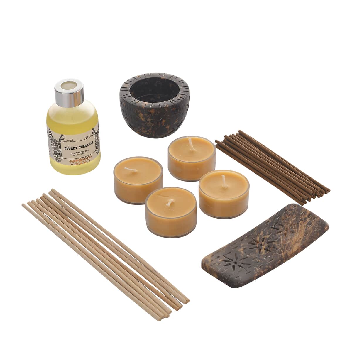 Fragrance Gift Set (Reed Diffuser, 4 Tea Lights & Incense Holder with 20 Sticks) Fragrance: Sweet Orange image number 0