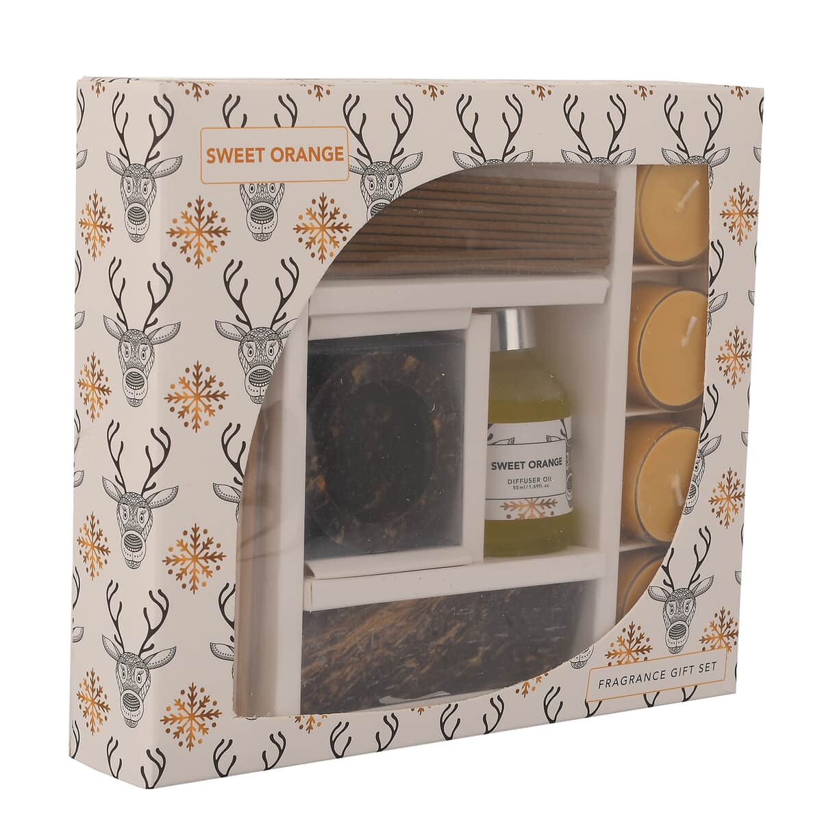 Fragrance Gift Set (Reed Diffuser, 4 Tea Lights & Incense Holder with 20 Sticks) Fragrance: Sweet Orange image number 2