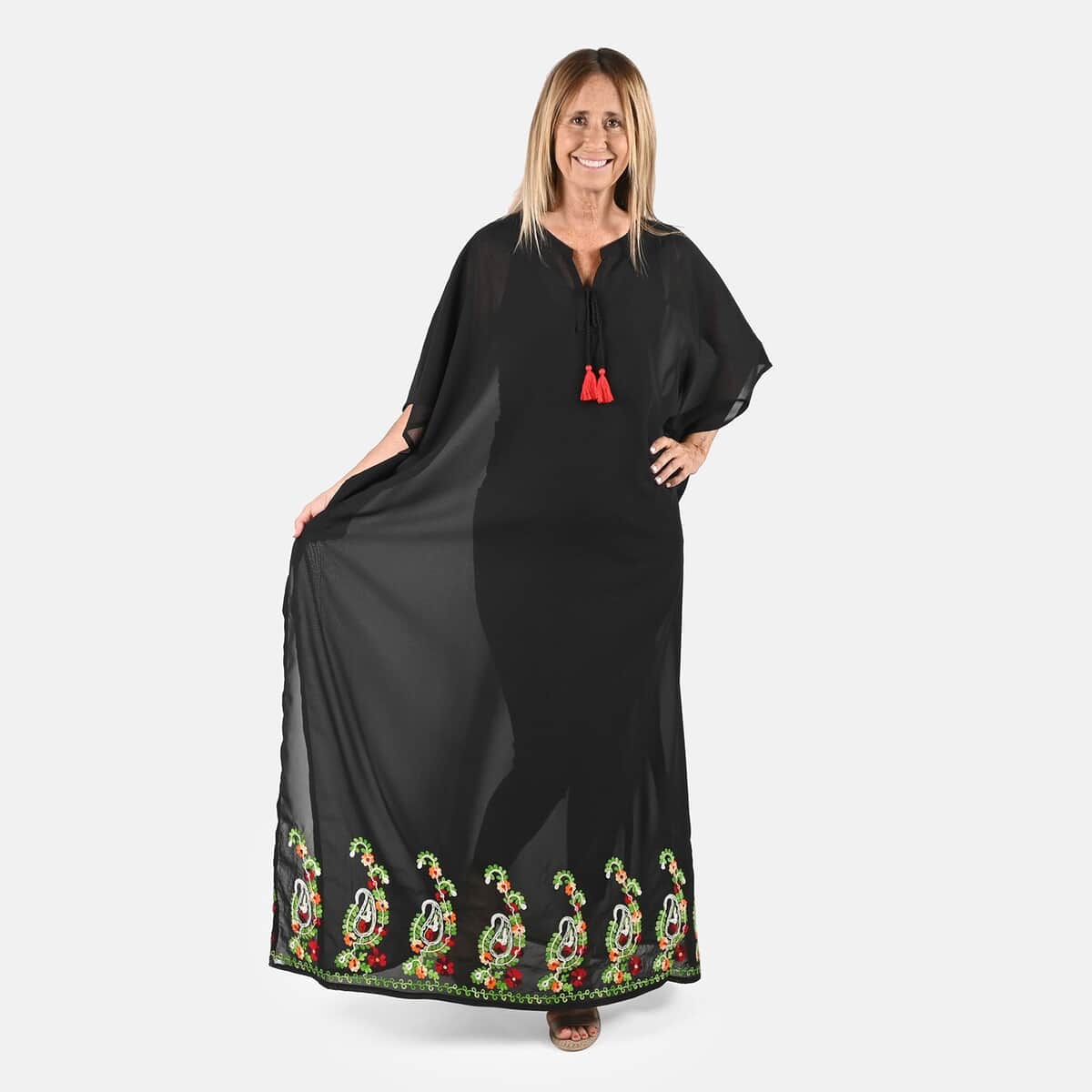 Tamsy Black Notch Neck Long Mexi Kaftan with Tassels - One Size Fits Most