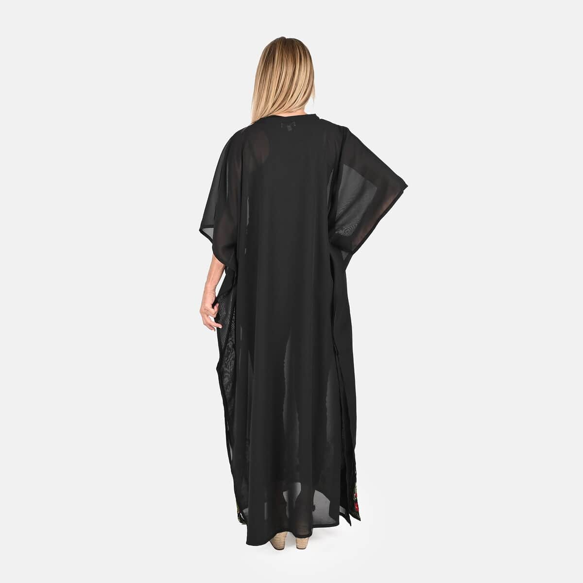Tamsy Black Notch Neck Long Maxi Kaftan with Tassels - One Size Fits Most image number 1