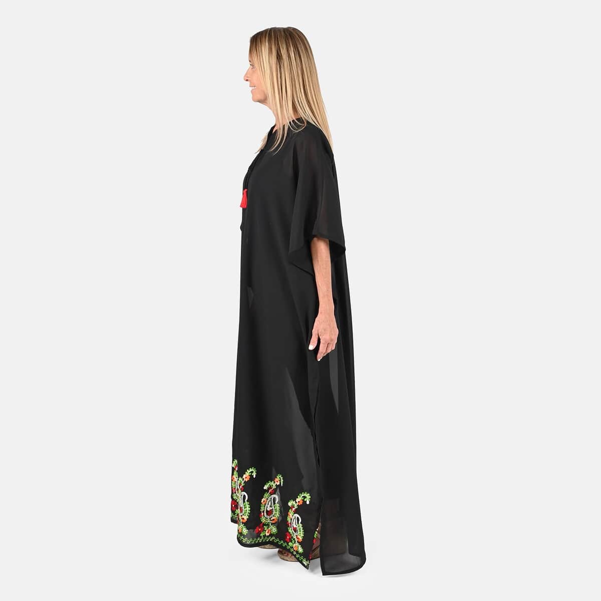 Tamsy Black Notch Neck Long Maxi Kaftan with Tassels - One Size Fits Most image number 2