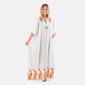 Tamsy White Notch Neck Long Maxi Kaftan with Tassels - One Size Fits Most