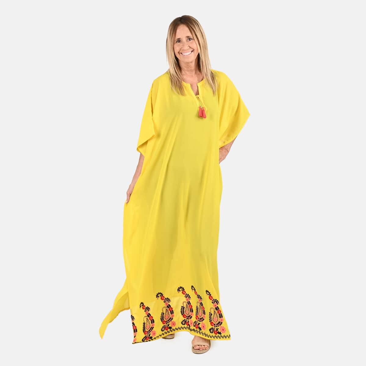 Tamsy Yellow Notch Neck Long Maxi Kaftan with Tassels - One Size Fits Most image number 0