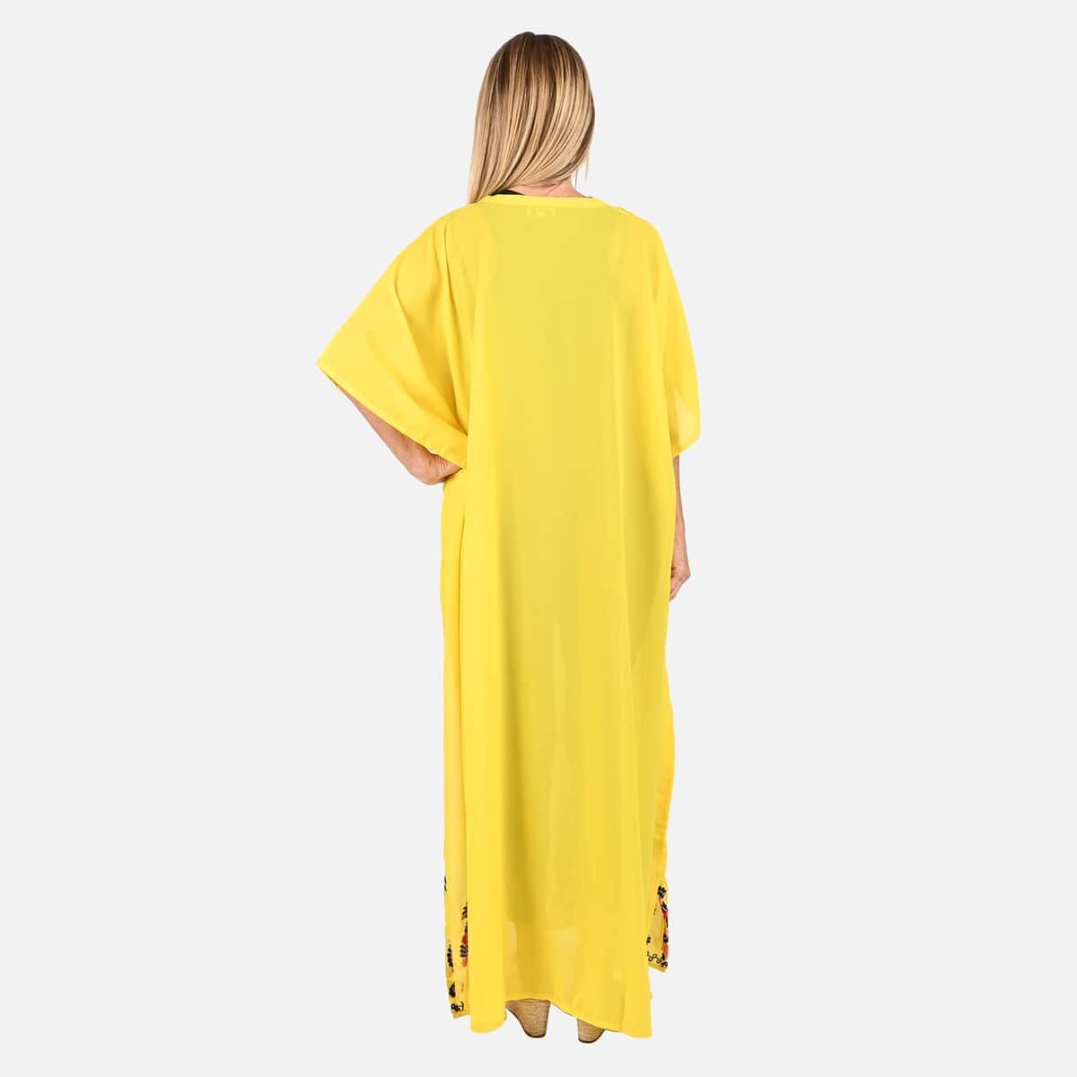 Tamsy Yellow Notch Neck Long Maxi Kaftan with Tassels - One Size Fits Most image number 1