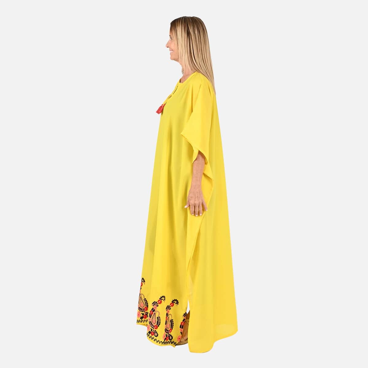 Tamsy Yellow Notch Neck Long Maxi Kaftan with Tassels - One Size Fits Most image number 2