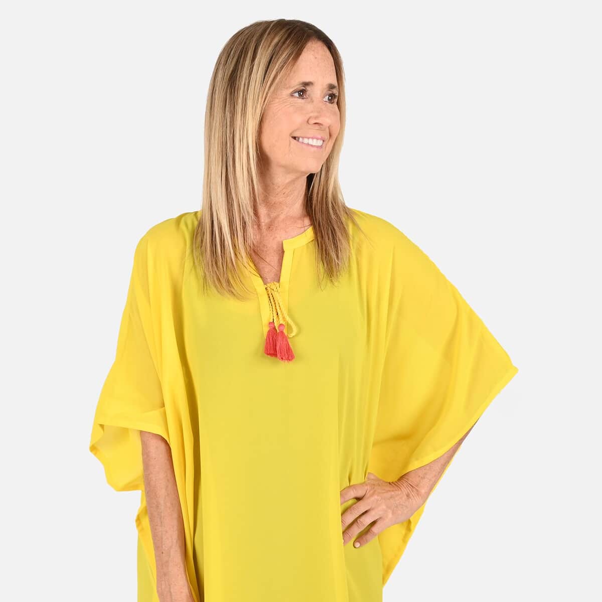 Tamsy Yellow Notch Neck Long Maxi Kaftan with Tassels - One Size Fits Most image number 3