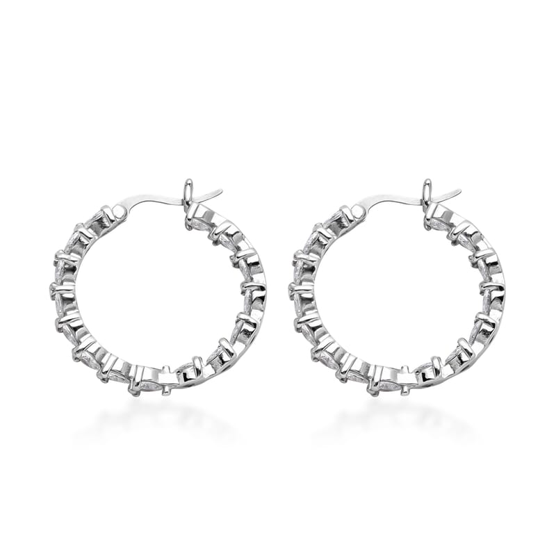 Simulated Diamond Inside Out Hoop Earrings in Stainless Steel 12.50 ctw , Tarnish-Free, Waterproof, Sweat Proof Jewelry