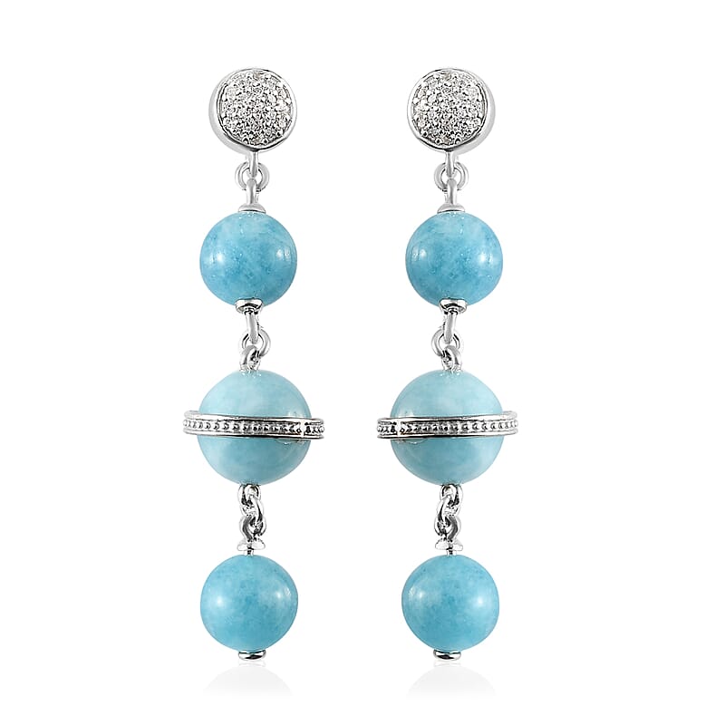 GP Celestial Dream Collection Mangoro Aquamarine and Natural White Zircon Earrings in Platinum Over Sterling Silver 31.15 ctw