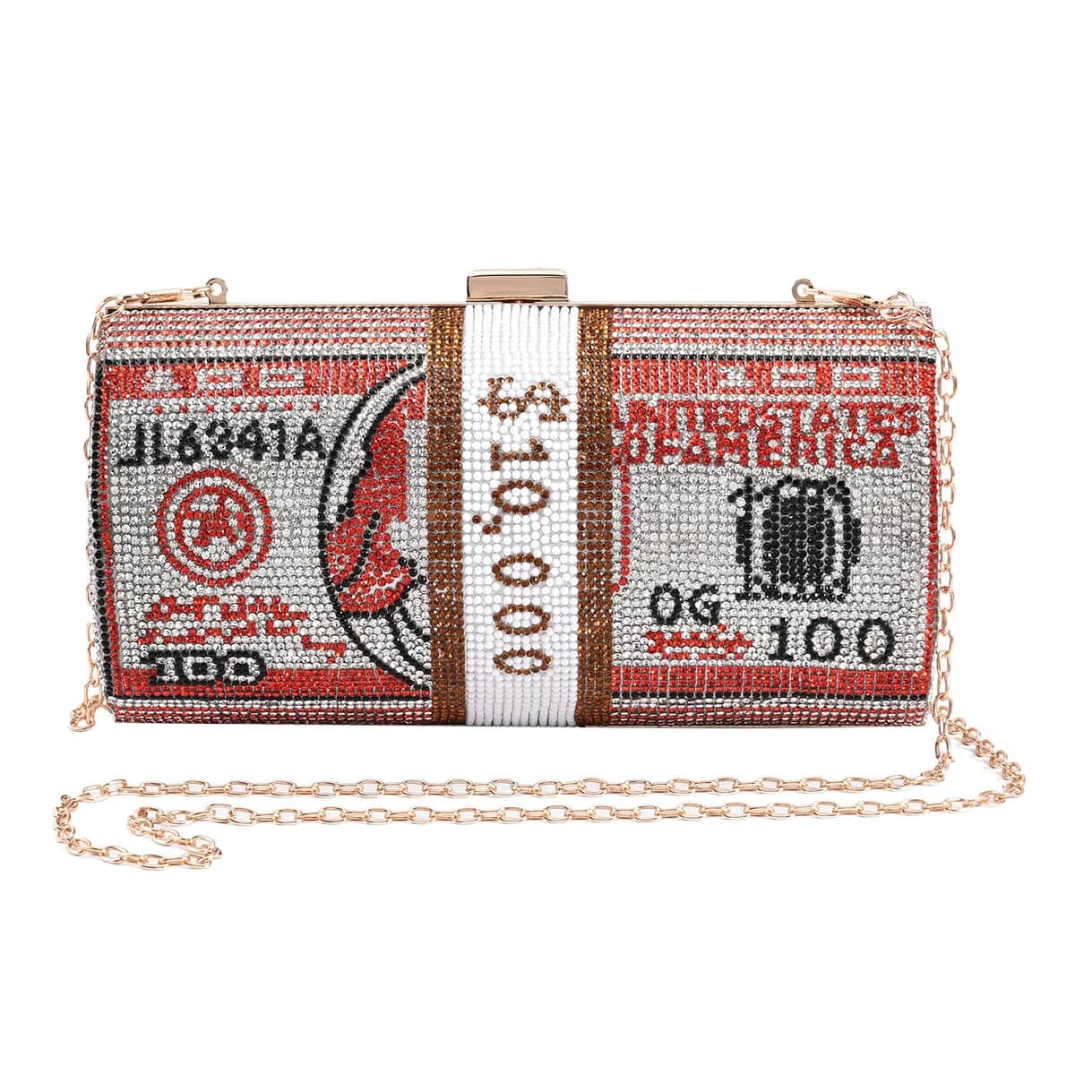 Red Crystal Dollar Clutch Bag with Detachable Chain Strap image number 0