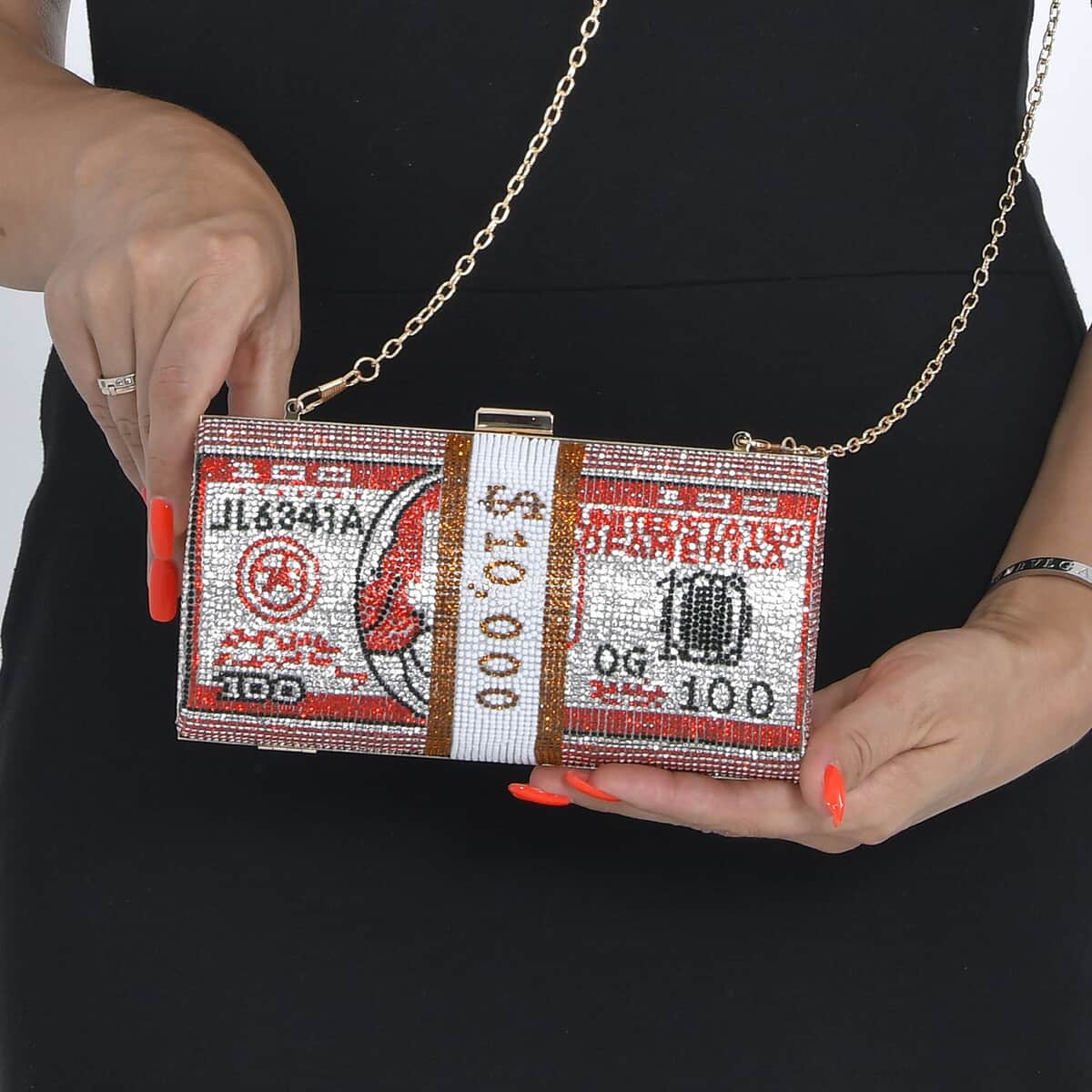 Red Crystal Dollar Clutch Bag (7.8"x4") with Detachable Chain Strap 47" image number 2