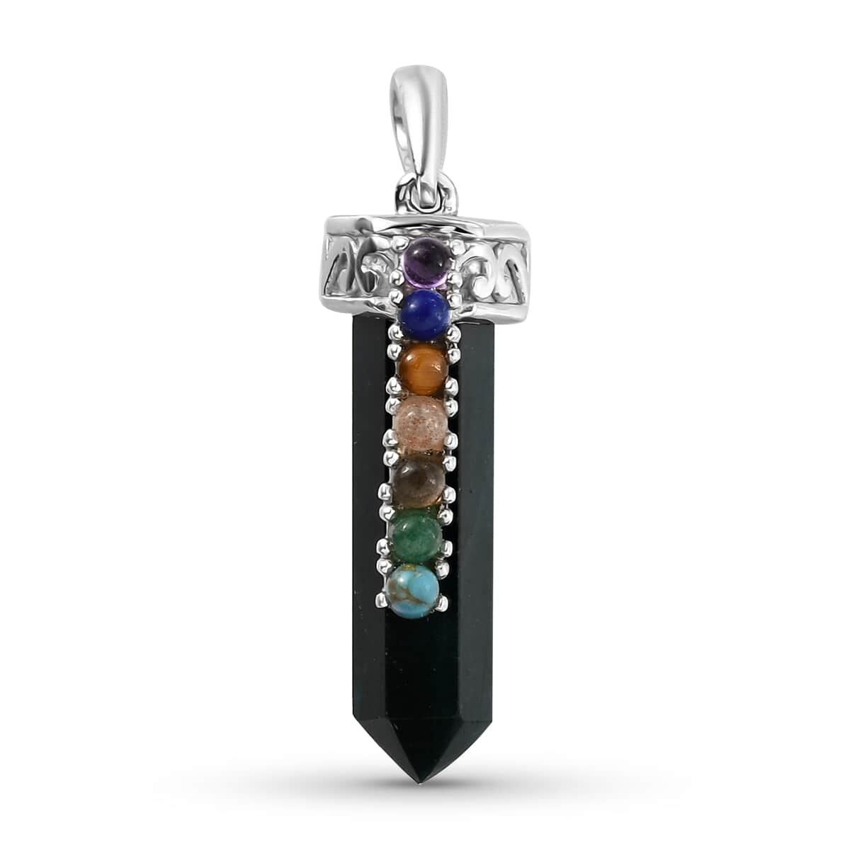 Teal Grandidierite and Multi Gemstone Pencil Shape 7 Chakra Pendant in Platinum Over Sterling Silver 6.15 ctw image number 0