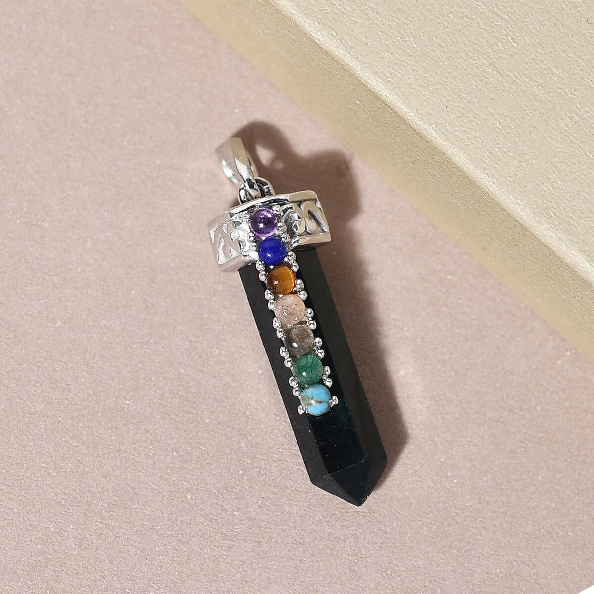 Teal Grandidierite and Multi Gemstone Pencil Shape 7 Chakra Pendant in Platinum Over Sterling Silver 6.15 ctw image number 1