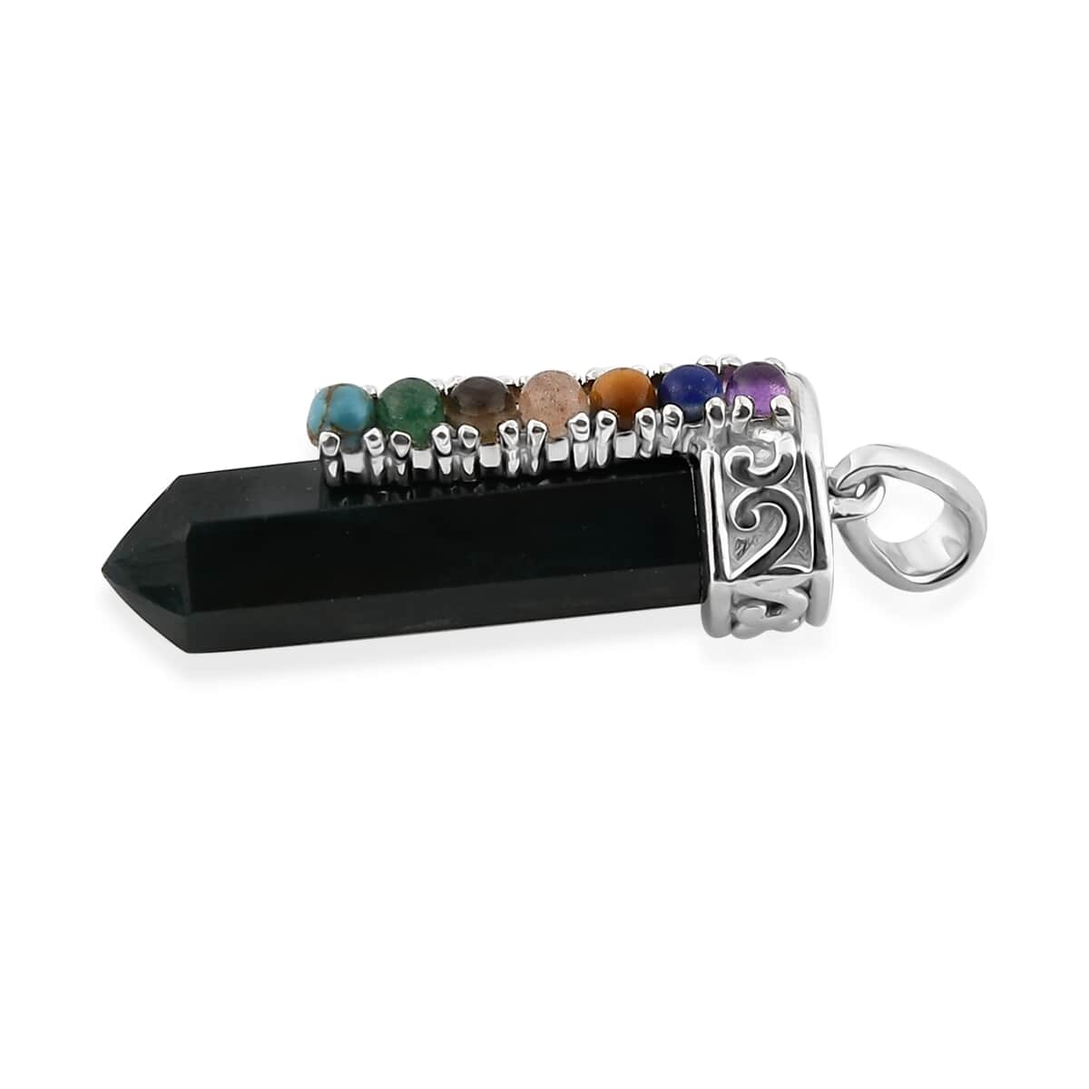 Teal Grandidierite and Multi Gemstone Pencil Shape 7 Chakra Pendant in Platinum Over Sterling Silver 6.15 ctw image number 2