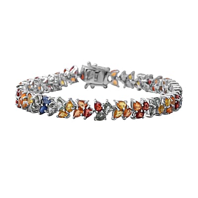 Multicolored Sapphire Double Row Link Bracelet in Platinum Over Sterling Silver (6.50 In) 15.75 ctw