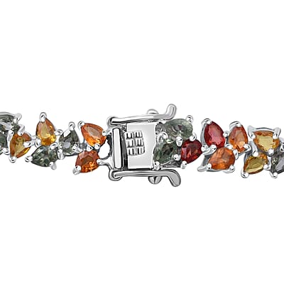 Multicolored Sapphire Double Row Link Bracelet in Platinum Over Sterling Silver (6.50 In) 15.75 ctw