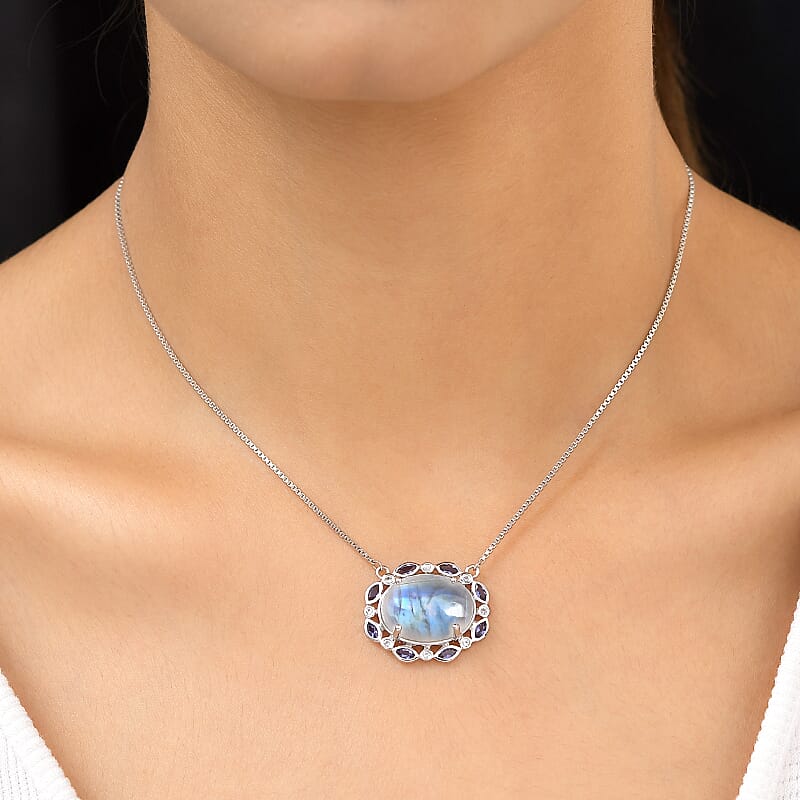 Premium Rainbow Moonstone and Multi Gemstone 11.60 ctw Necklace in Platinum Over Sterling Silver 19 Inches
