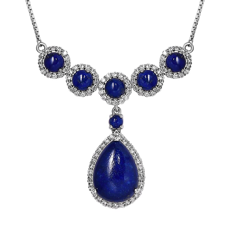 Premium Lapis Lazuli and White Zircon 19.40 ctw Necklace in Platinum Over Sterling Silver 19 Inches