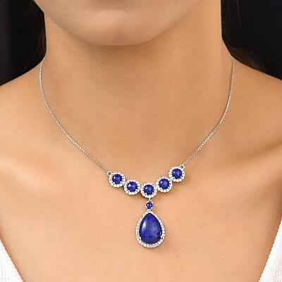 Premium Lapis Lazuli and White Zircon 19.40 ctw Necklace in Platinum Over Sterling Silver 19 Inches