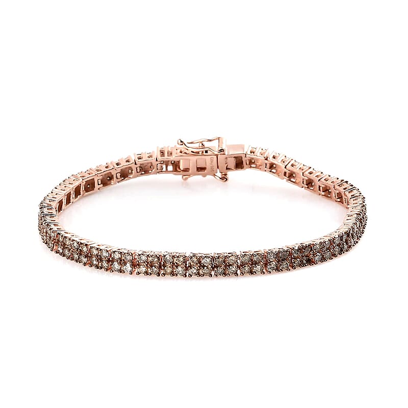 Natural Champagne Diamond Double Row Tennis Bracelet in Vermeil Rose Gold Over Sterling Silver (7.25 In) 5.00 ctw