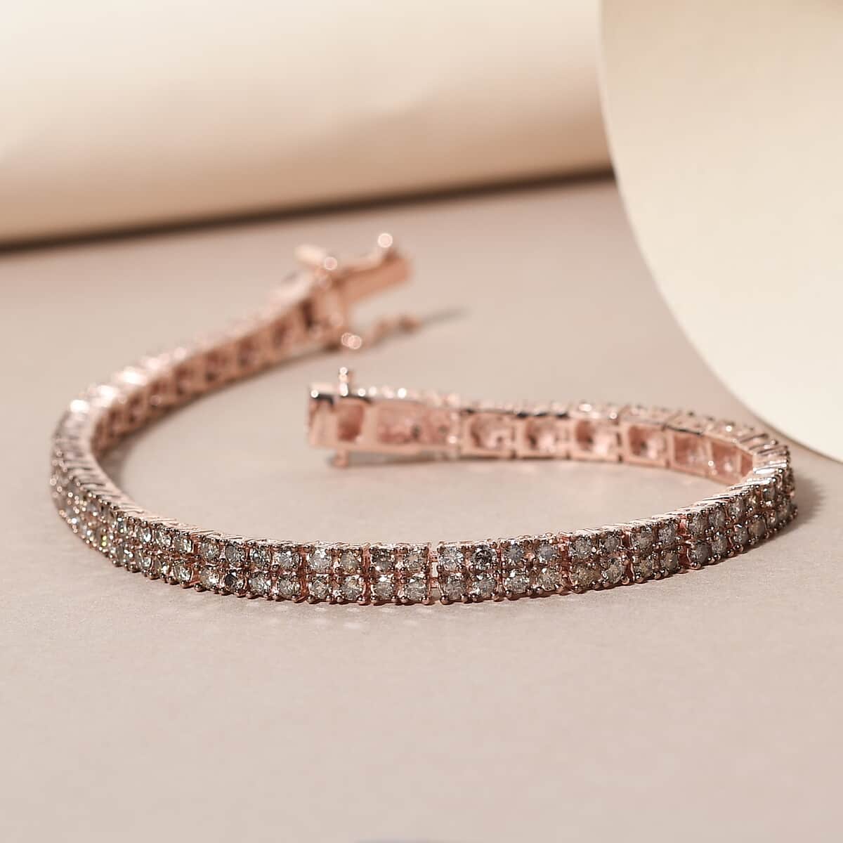 Natural Champagne Diamond Double Row Tennis Bracelet in Vermeil Rose Gold Over Sterling Silver (7.25 In) 5.00 ctw image number 1