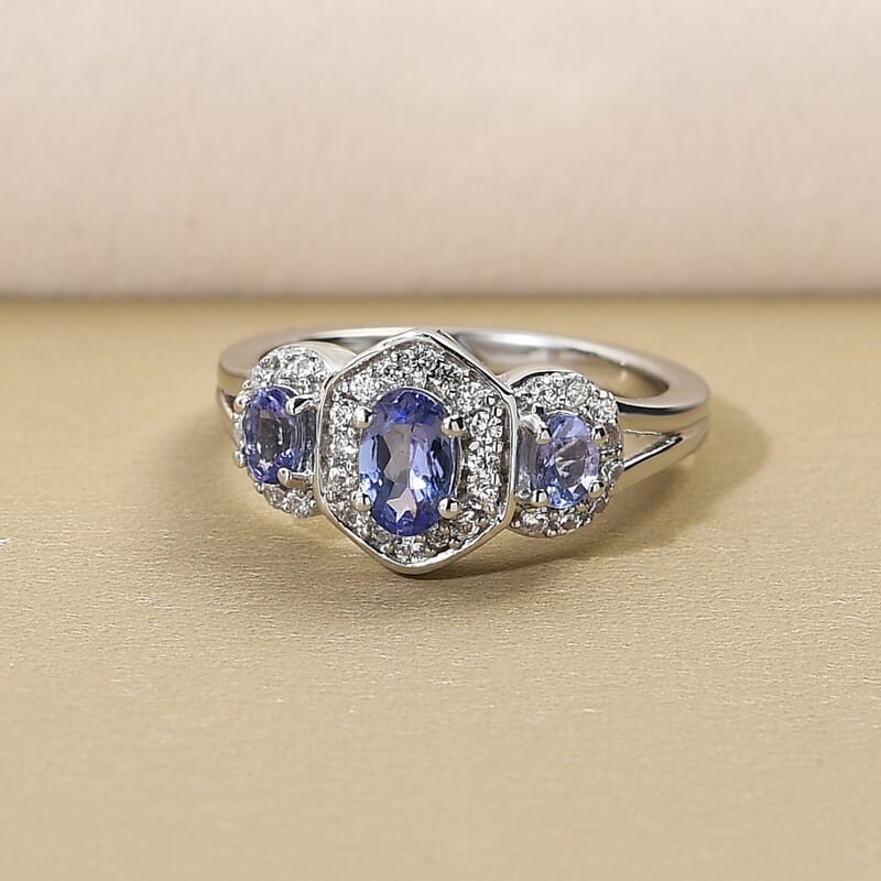 Tanzanite and White Zircon 1.10 ctw Ring in Platinum Over Sterling Silver (Size 10.0)